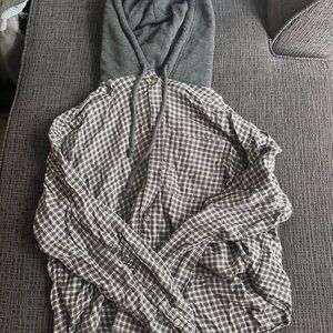 Plaid Button-Up Distressed Shirt with Gray Hoodie